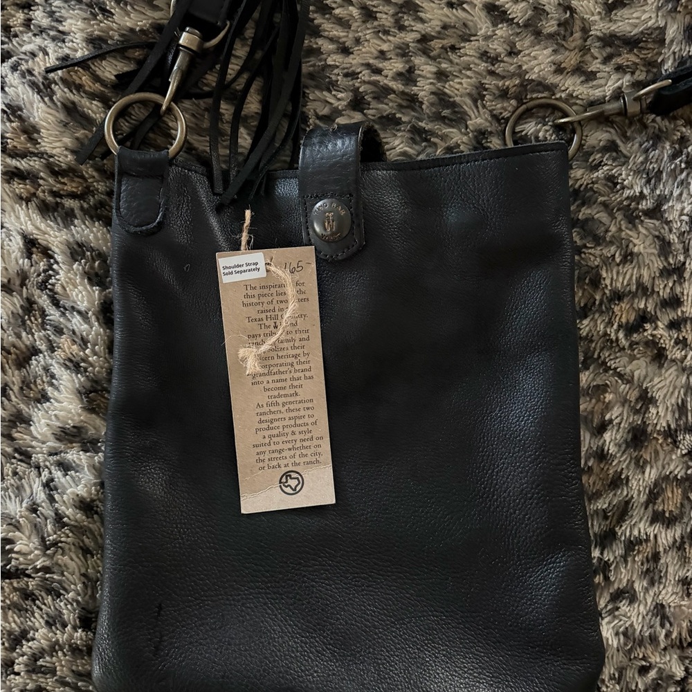 Two Bar West Black Leather Bag with Turquoise Accents and Fringe Accented Strap - Picture 2 of 8